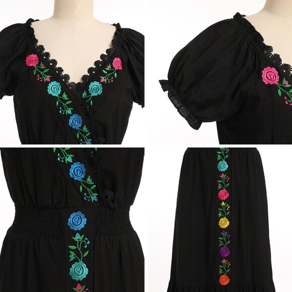 Women Mexican Dress Floral Embroidered Fiesta Party Summer V-Neck Short - Picture 5 of 5